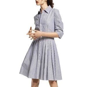 Eliza J Pinstriped Cotton Shirtdress 2P Skater Circle Skirt Dress Blue White